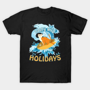 Happy Wild Holidays Surfing Cat T-Shirt